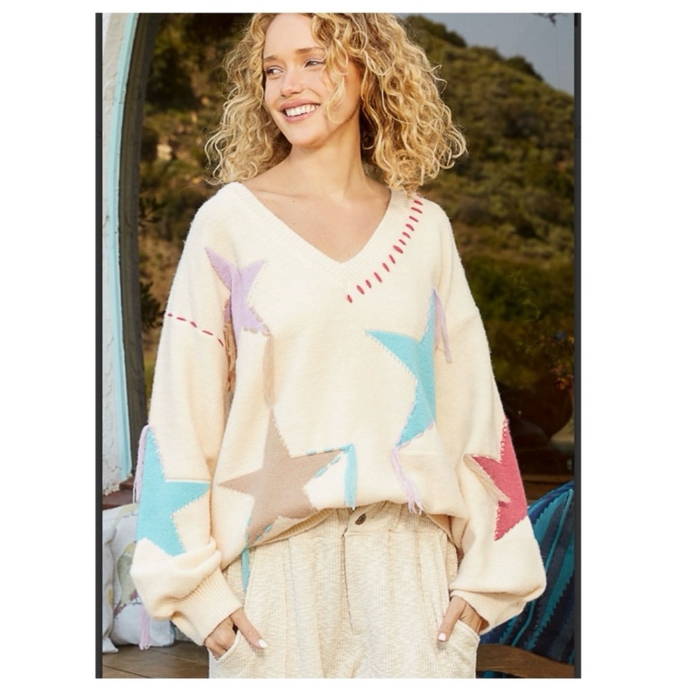 Pol Star Patterned V-Neck Multicolor Sweater - image 3